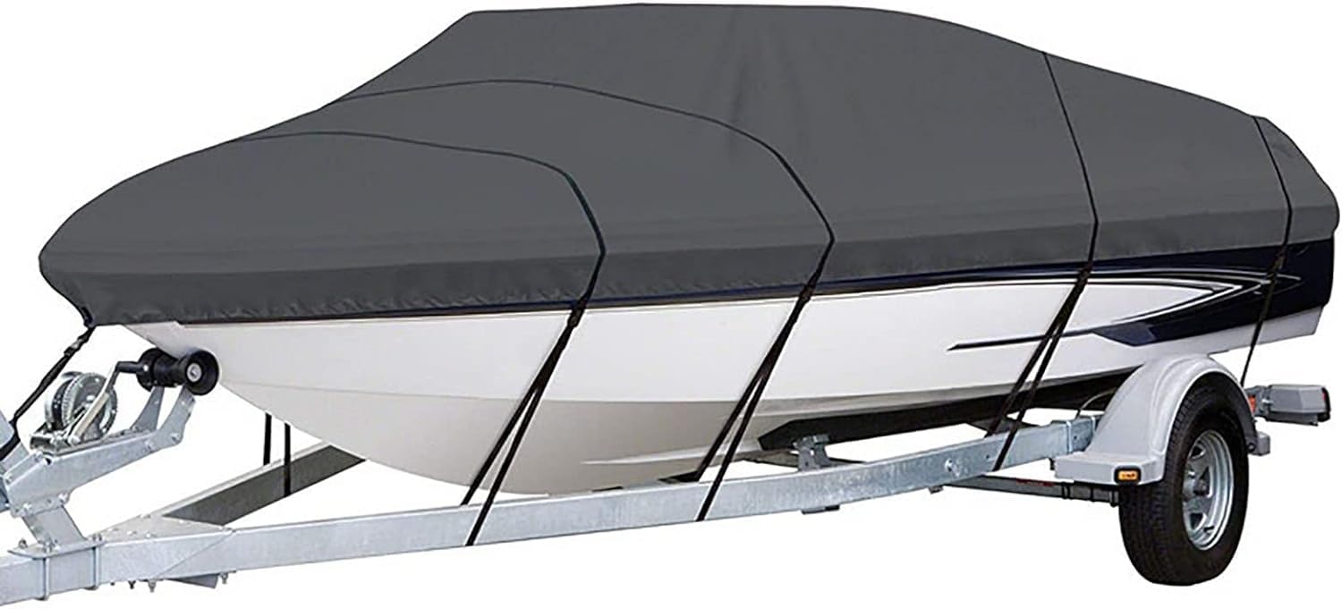 Telo copribarca, Tenda da Esterno, trasportabile, Resistente al Sole, 600D, di qualità Marina, Compatibile con Bass Boat Bayliner Tri-Hull V-Hull (Grigio)