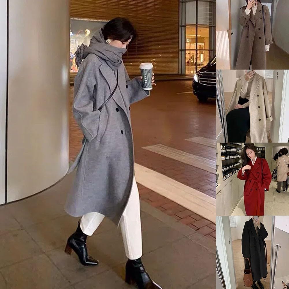 Trench mi-long en laine pour femme avec coupe ample et tissu épais, manteau adapté pour la rue décontractée et les fêtes