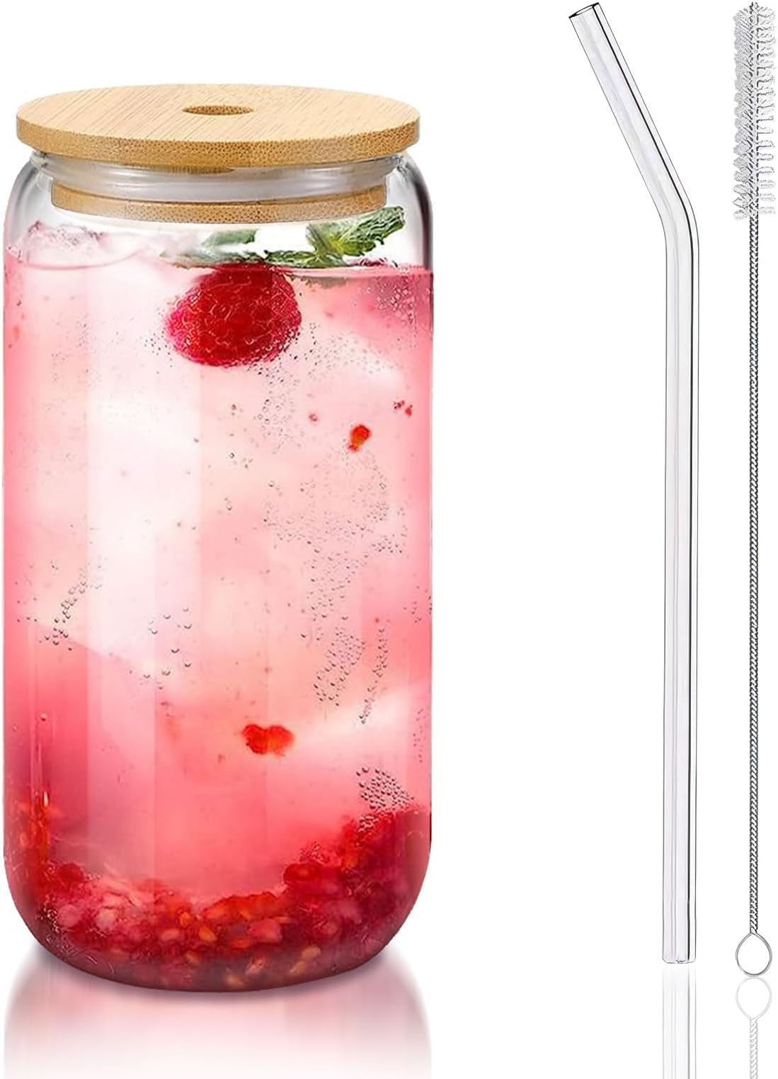 Beer Can Shape Drinking Glasses Tumbler with Airtight Wooden Lid and Straw 500ml Mason Sipper Bottle for Juice, with 1 Cleaning Tool (Pack of 1)