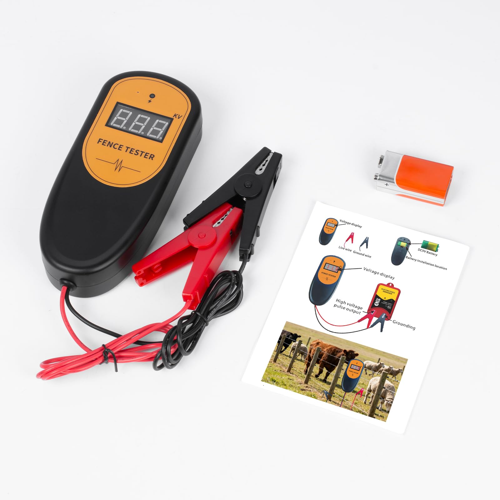 Tester Digitale per Recinzione Elettrica 0.5–13KV, Misuratore di Tensione per Recinti Elettrificati, Localizzazione Guasti, con Batteria 9V Inclusa