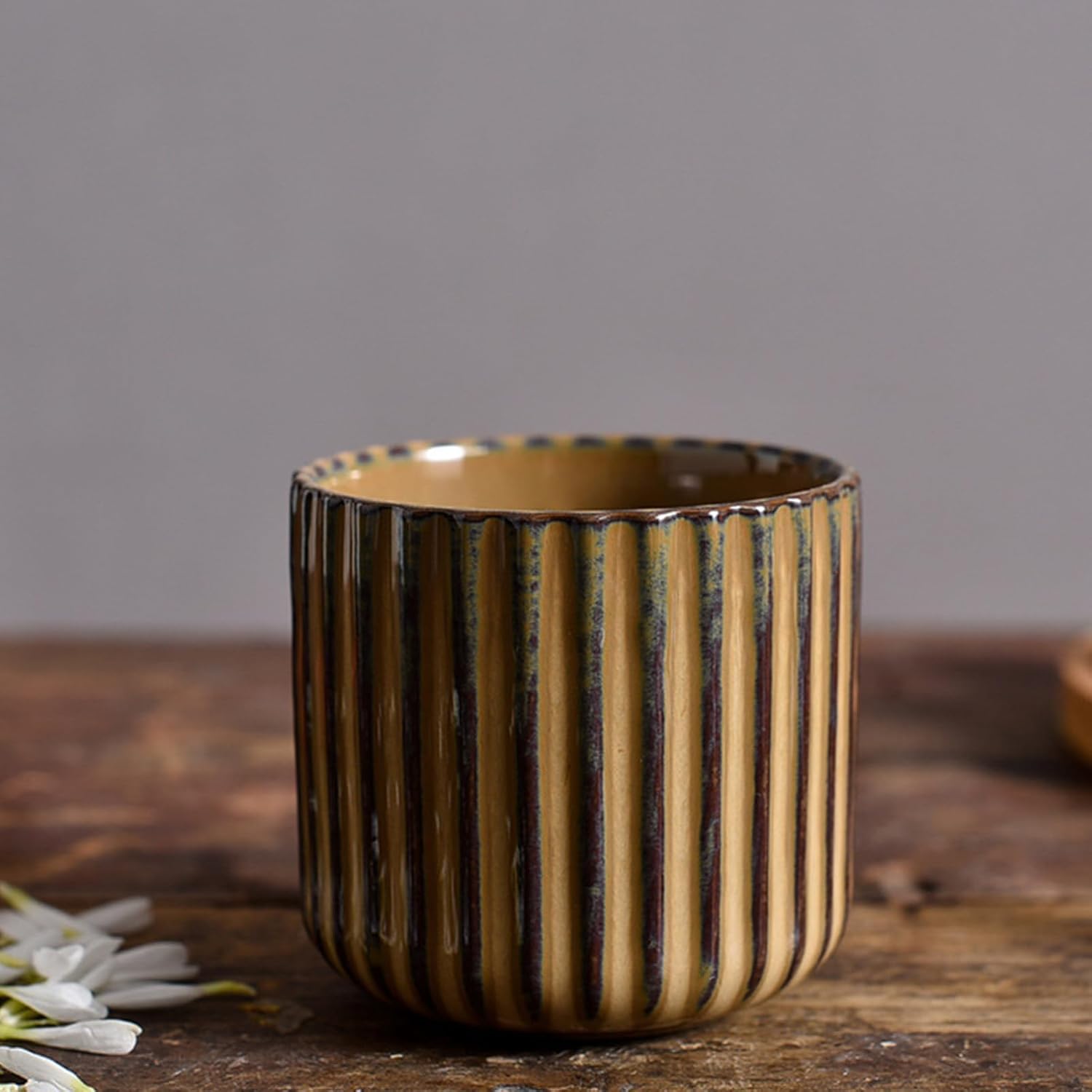 Vinitage Ceramic Mug, Japanese Tea Cup 6oz Striped Cup No Handle Drinking Cup for Latte Milk Water Beverage Juice Microwave and Dishwasher Safe, Kiln Transformation Cup (Brown) - Image 3