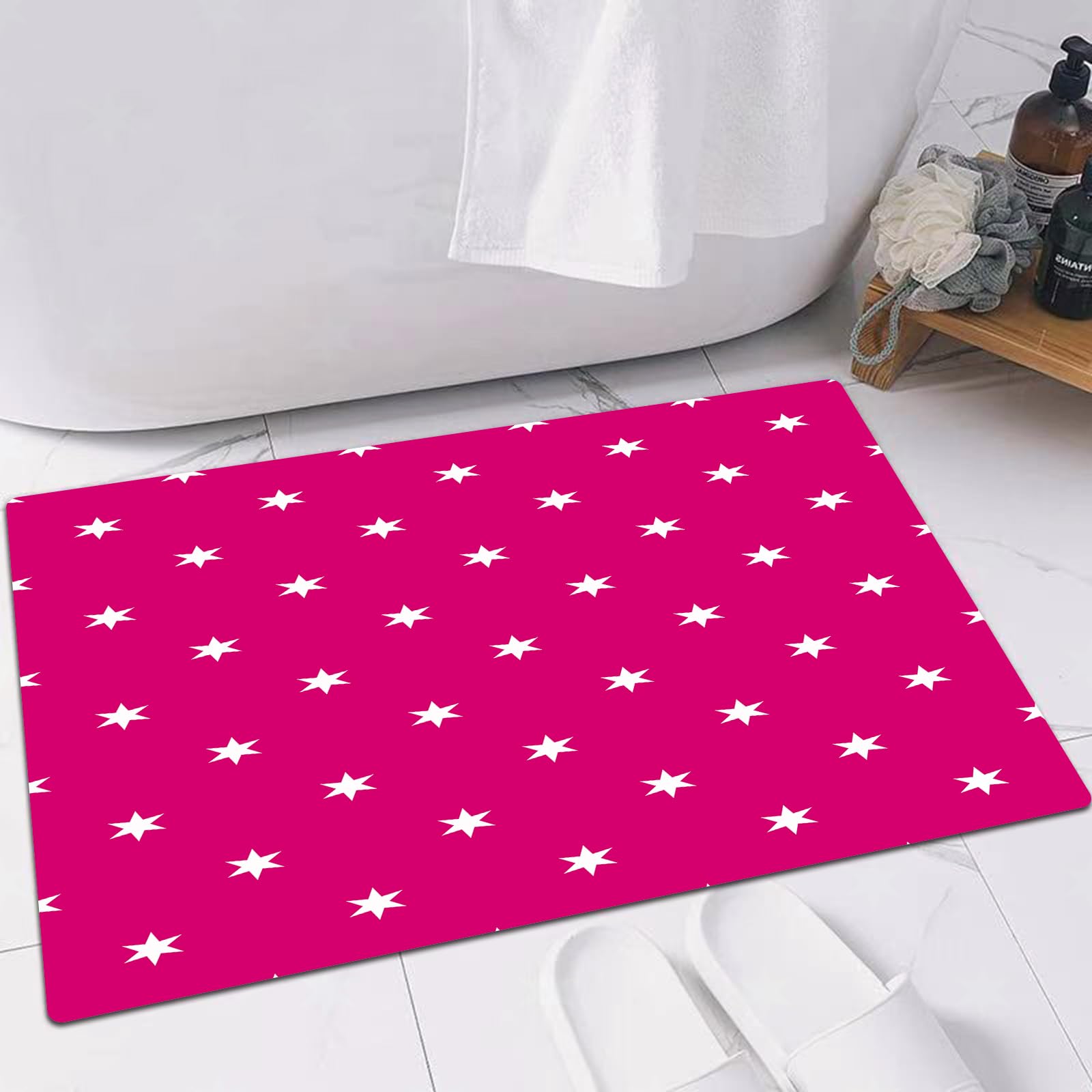 EMFSLA Bath Mat 24x35 in,Hot pink, geometric pattern with white stars. Girlish pattern. Beautiful,Non-Slip Bathroom Mat Machine-Washable,Ultra Soft and Water Absorbent Bath Rug for Bathroom