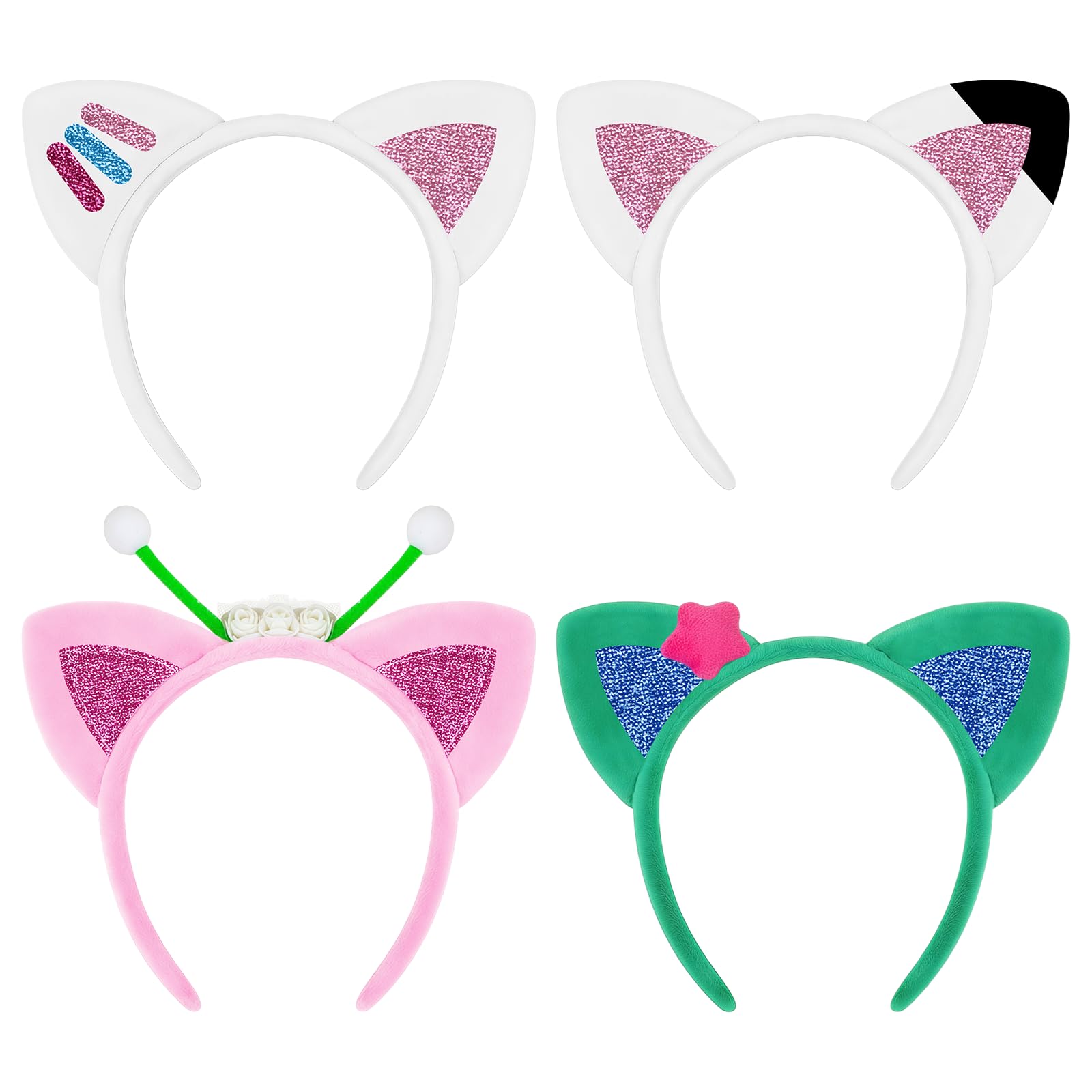 HAICN 4Pcs Cat Ears Headbands Plush Soft Hair Hoops Party Decorations Headbands for Halloween Christmas Cosplay Costume Party Accessories