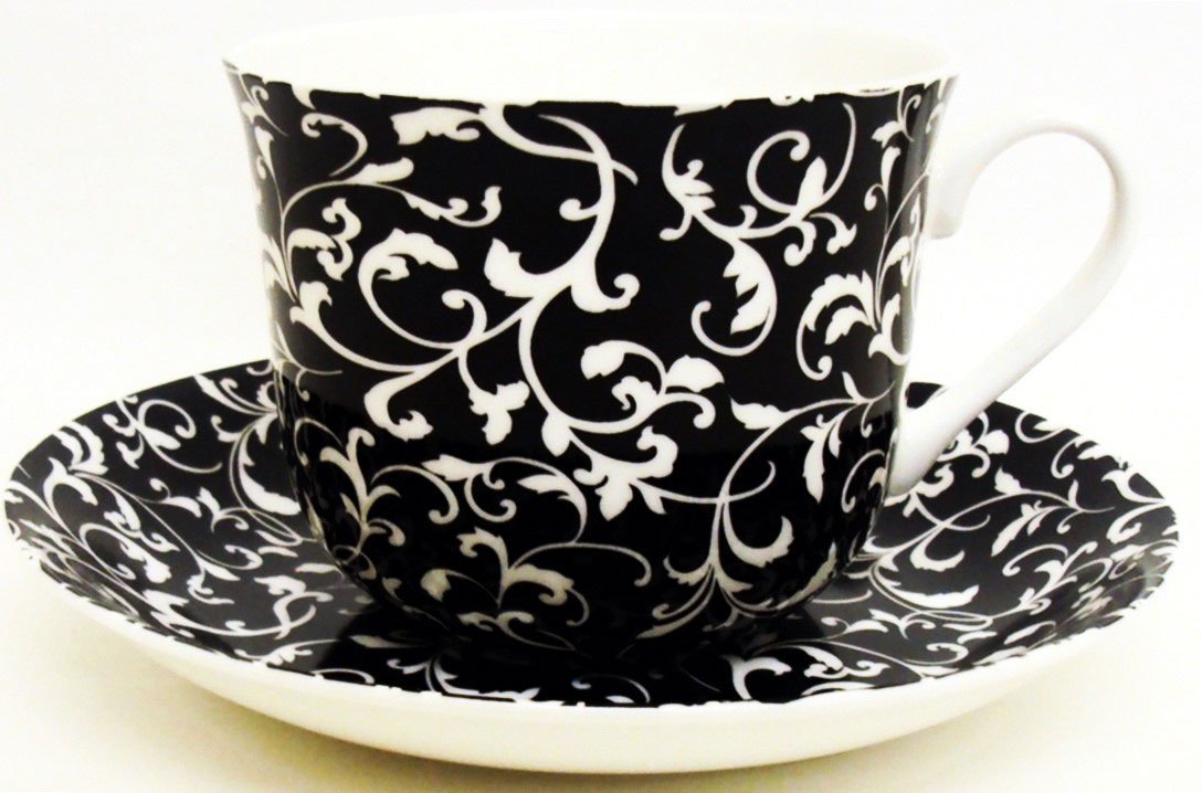 Venetian Breakfast Cup & Saucer Fine Bone China Large Venetian Black Cup & Saucer Hand Decorated in The U.K. Free UK Delivery