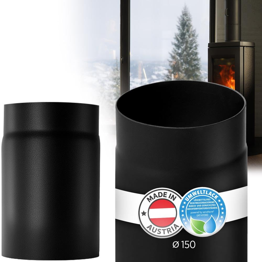 BERTRAMS Ofenrohr 25 cm Ø 150mm Schwarz | Stahlrohr mit 20cm Einbaulänge | Feuerrohr Stahlblech 2mm | Kaminrohr Senotherm UHT-Hydro Lackierung, Made in Austria