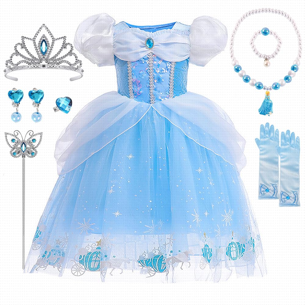 Robe Princesse Fille, Deguisement Princesse avec Couronne Collier Ensemble, Costume Carnaval Enfant, Deguisement Princesses pour Anniversaire Cosplay Fête