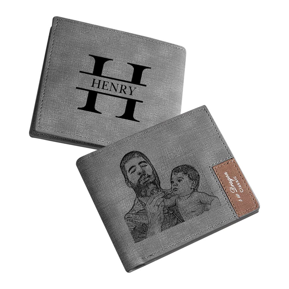 Gemszoo Gifts for Dad Personalized Photo Initial Name Wallet Custom Picture Wallet for Men Husband Grandpa (Grey)