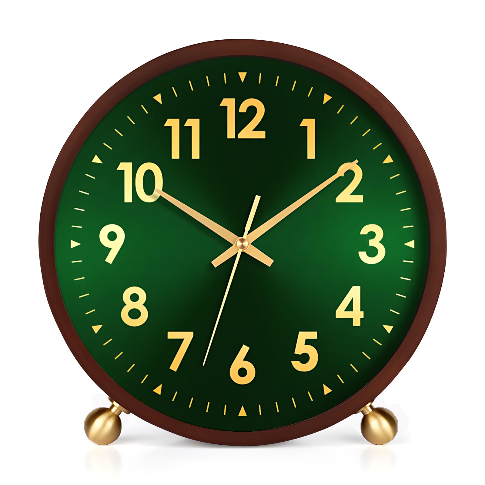 Maxspace Tischuhr aus Holz, 20,3 cm, leise, nicht tickende Schreibtischuhr mit goldfarbenem Kugelsockel, batteriebetriebene analoge Desktop-Uhr für Wohnzimmer, Büro, Schlafzimmer, Dekor (Grün-Gold