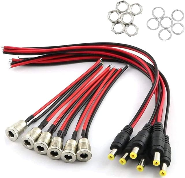 RUNCCI-YUN 6pcs 5A DC Power Connector 5.5 x 2.1mm Jack Socket Threaded Female Adapter with Cable+ 6pcs 5.5 x 2.1mm DC Male Barrel Socket Jack Plug with Wire