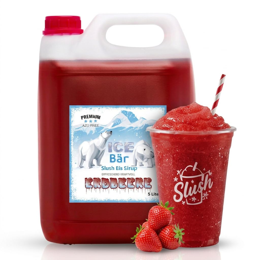 ICE Bär SLUSH Granizado 12 variedades afrutadas, 5 litros de concentrado, Sabor a fresa, granizador de hielo para máquina de hielo de bricolaje 5L (Paquete de 1)