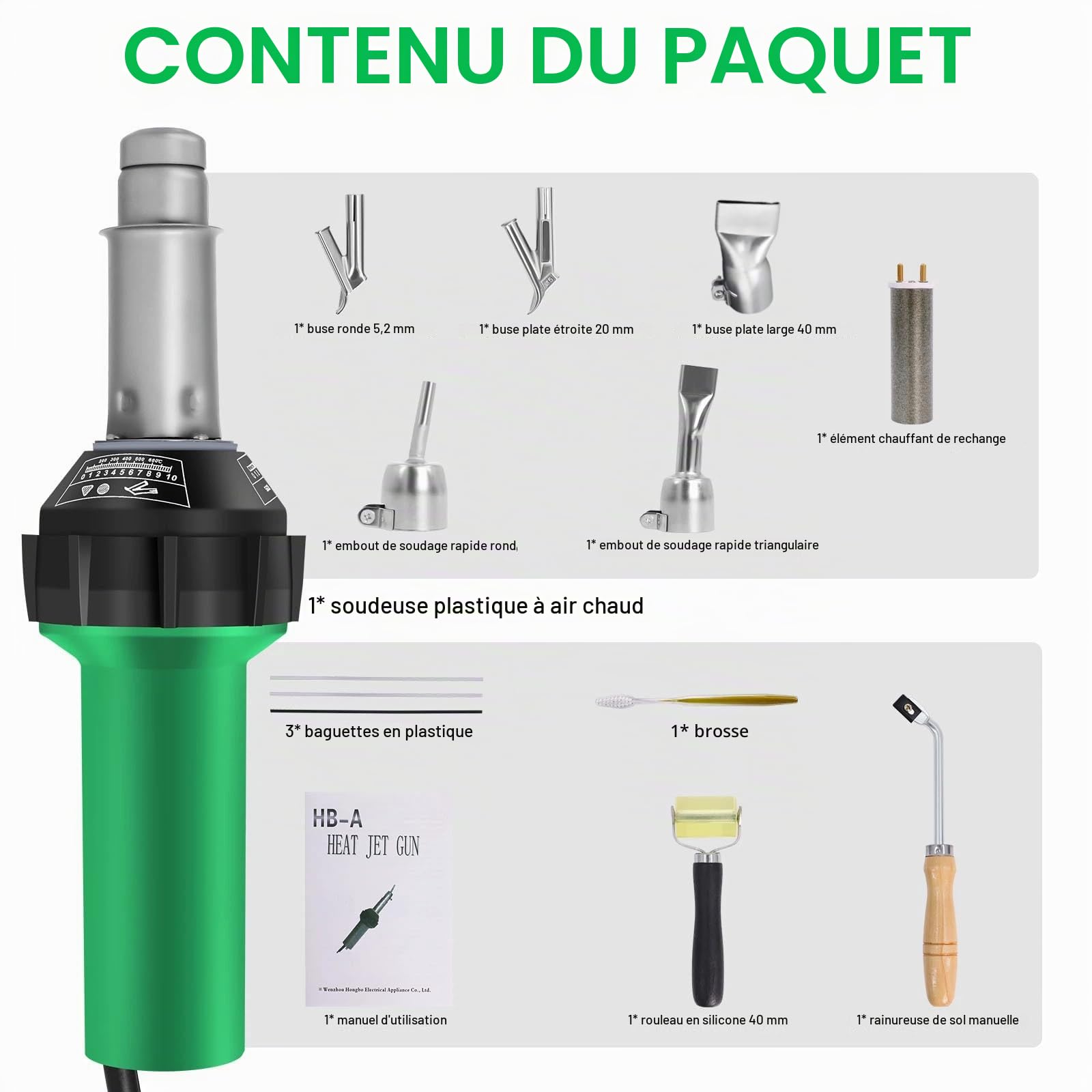Gekufa Kit de soudage plastique 1600 W – Pistolet de soudage à air chaud 100 V avec contrôle de température réglable, buses multiples pour PVC, TPO, réparation de vinyle, pare-chocs de voiture