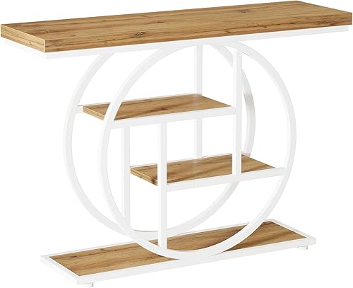 Miniatura 9 de Tribesigns Mesa de consola de 41.3 pulgadas, mesa industrial de 4 niveles para sofá con base circular, mesas decorativas de madera estrechas con