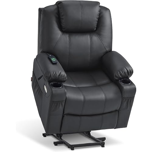MCombo Power Lift Recliner Chair for Elderly, Lift Chair with Heat and Massage, FSC Certified, USB Ports, Cup Holders, Faux Leather 7040 (Black, Medium)