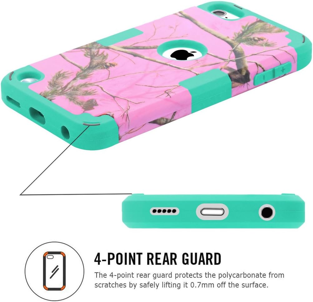 Hocase iPod Touch 7th Generation 2019 Case, Camouflage Series Shockproof Protection Soft Silicone Rubber Bumper+Hard Plastic Protective Case for iPod Touch 5th/6th/7th Generation - Pink/Teal
