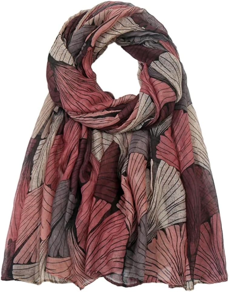Women's Lightweight Scarf, Pink Grey Leaf Print, Soft Fashion Wrap Shawl