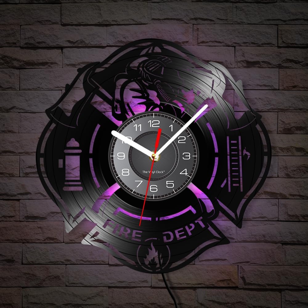 Fire Department Vinyl Record Silent Non Ticking Multi Color Light Clock Remote Control LED Lighting Firemen Rescue Life Fire Service Firefighting Wall Watch