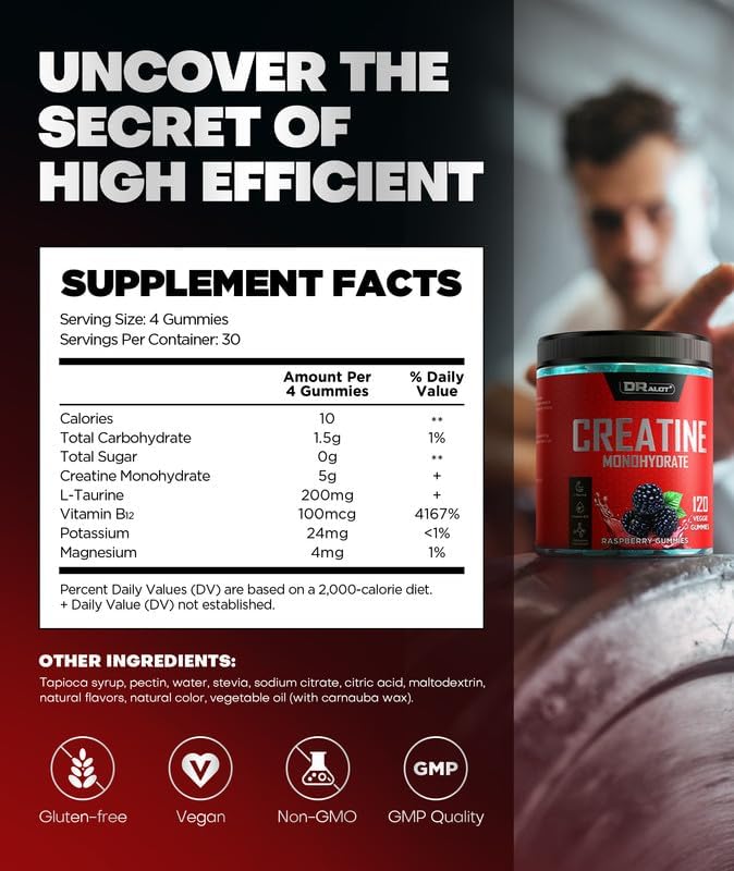 Miniatura 5 de Gomitas de monohidrato de creatina con 99.99% de más 15% de fuerza, 5 veces más energía y apoyo muscular para preentrenamiento complejo de creatina