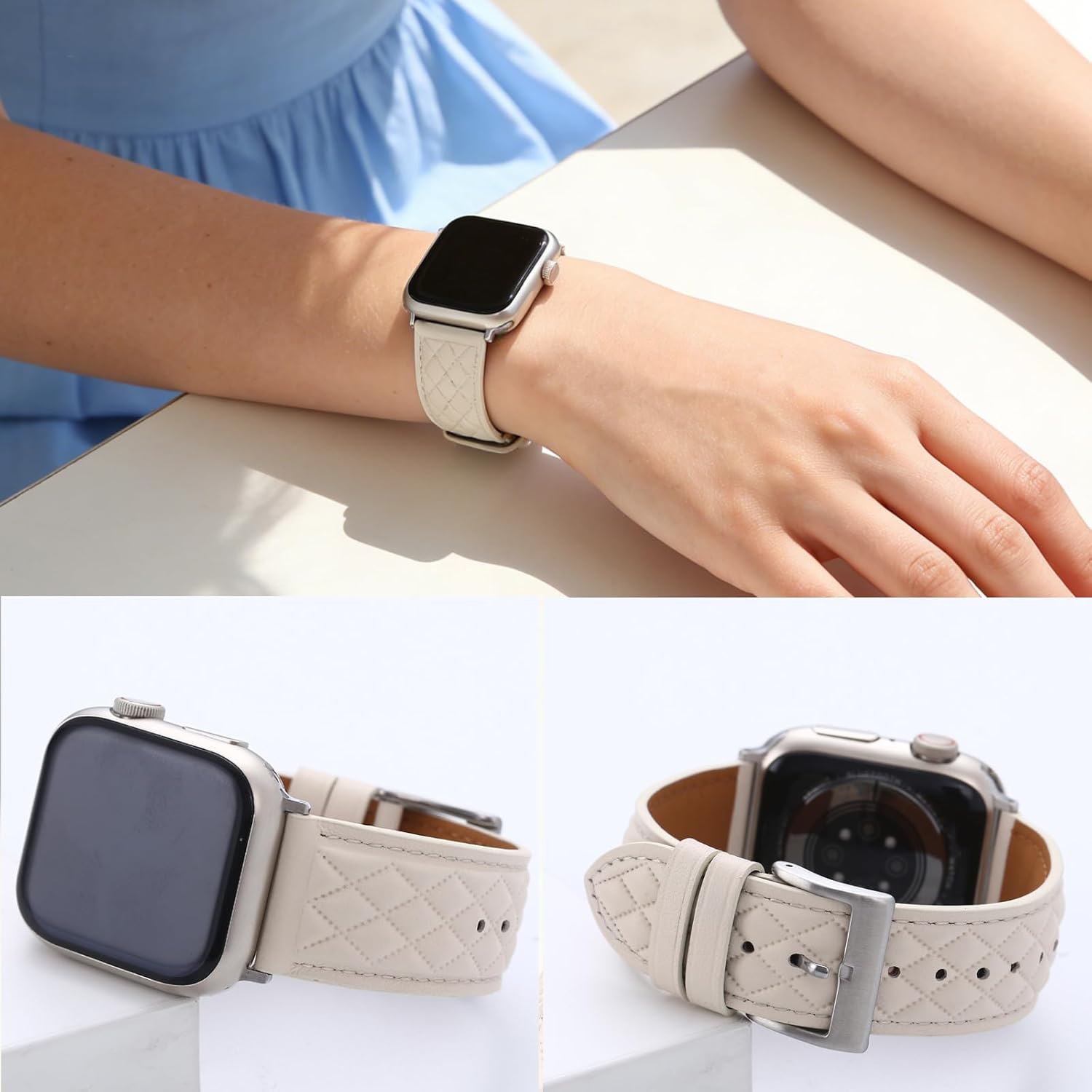 Top-Grain Genuine Leather Band Compatible with Apple Watch 38mm 40mm 41mm 42mm 44mm 45mm 46mm 49mm Women Men, Diamond-quilted Soft Leather Strap for iWatch Ultra/SE/Series 11 10 9 8 7 6 5 4 3 2 1