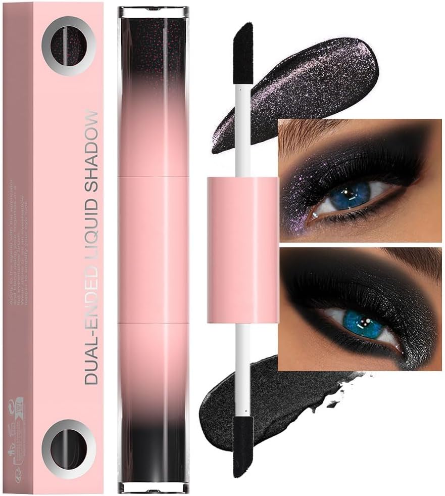 Dual-Ended Glitter Liquid Eyeshadow, Shimmer Makeup Stick, Waterproof & Long-Lasting Formula for Stunning Eye Looks (12# Black Glitter)