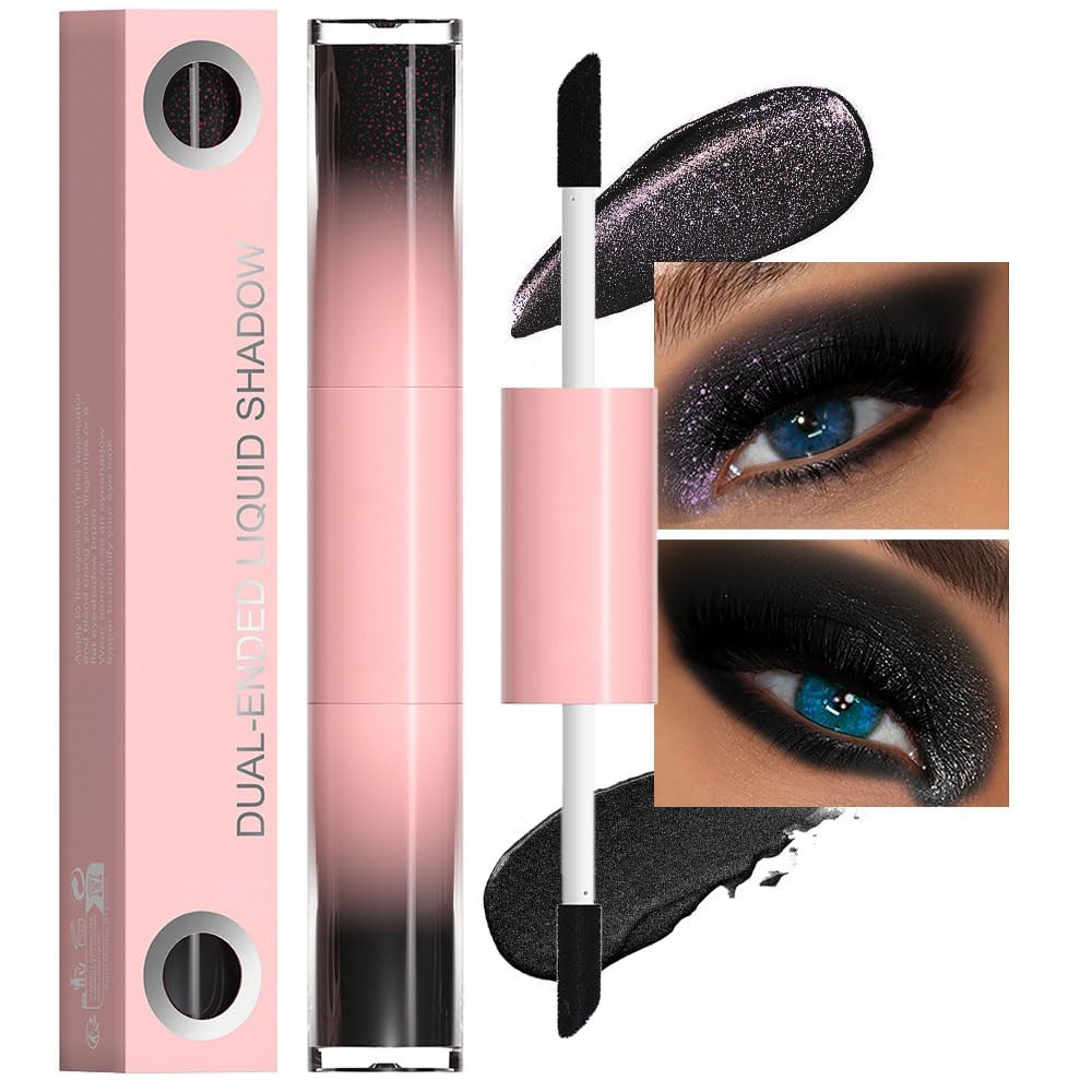 Dual-Ended Glitter Liquid Eyeshadow, Shimmer Makeup Stick, Waterproof & Long-Lasting Formula for Stunning Eye Looks (12# Black Glitter)