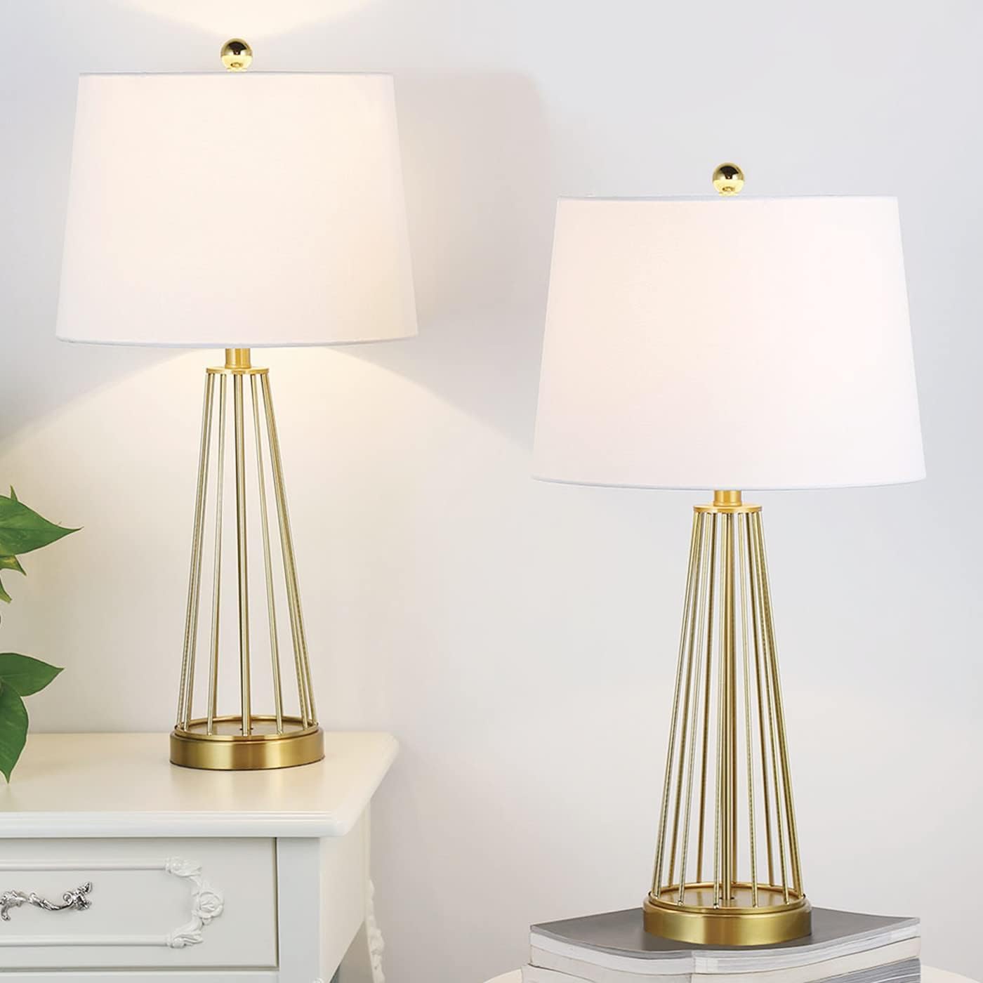 Maxax 27" Brass Gold Table Lamps Set of 2 for Living Room, Modern Hollow Bedside Nightstand Lamps with White Fabric Shade for Bedroom