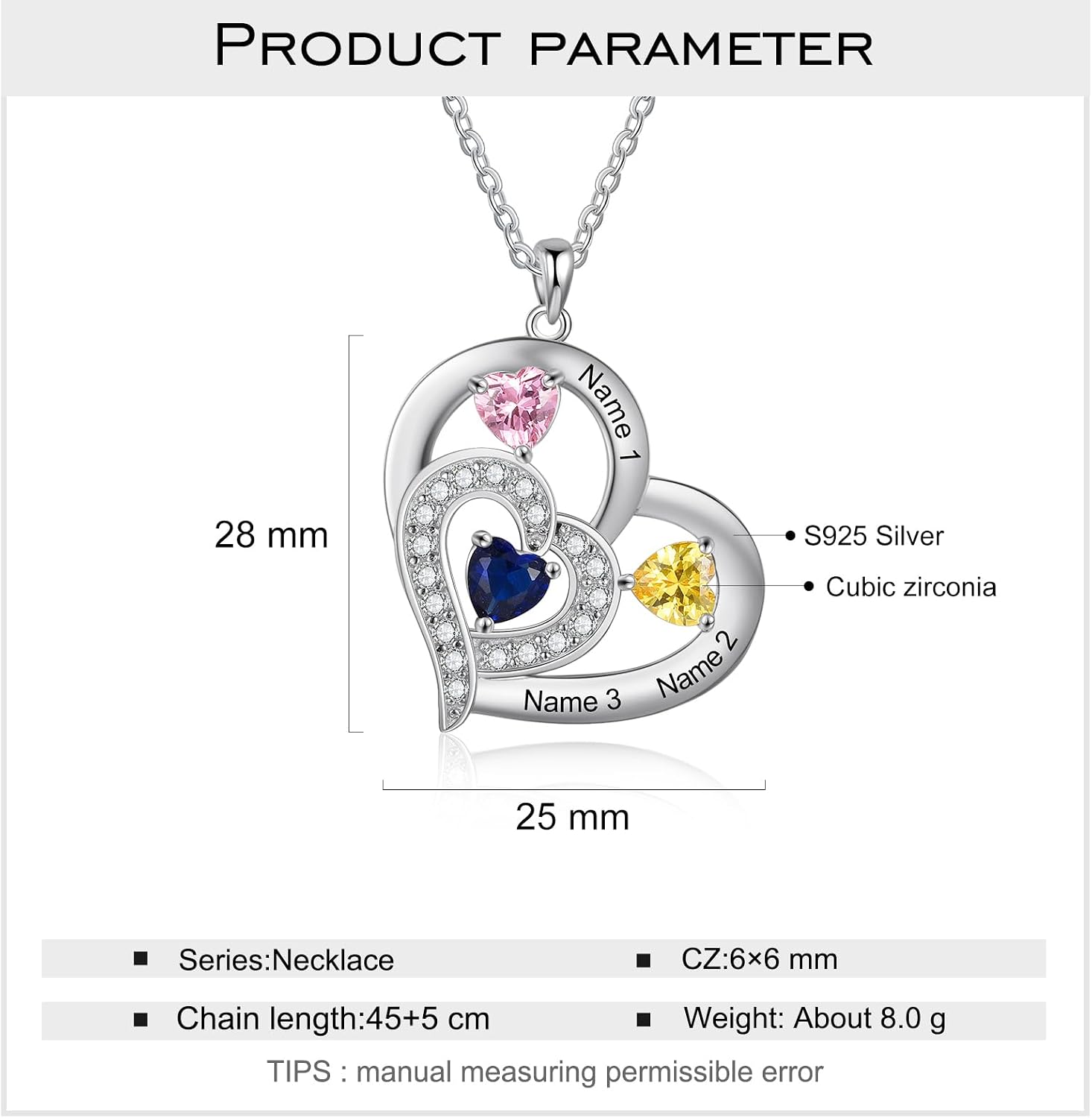 Custom Name Mothers Necklace with Birthstone, 925 Sterling Silver Customized Mom Heart Pendant Mothers Day Christmas Gifts for Women Wife Mom Grandma