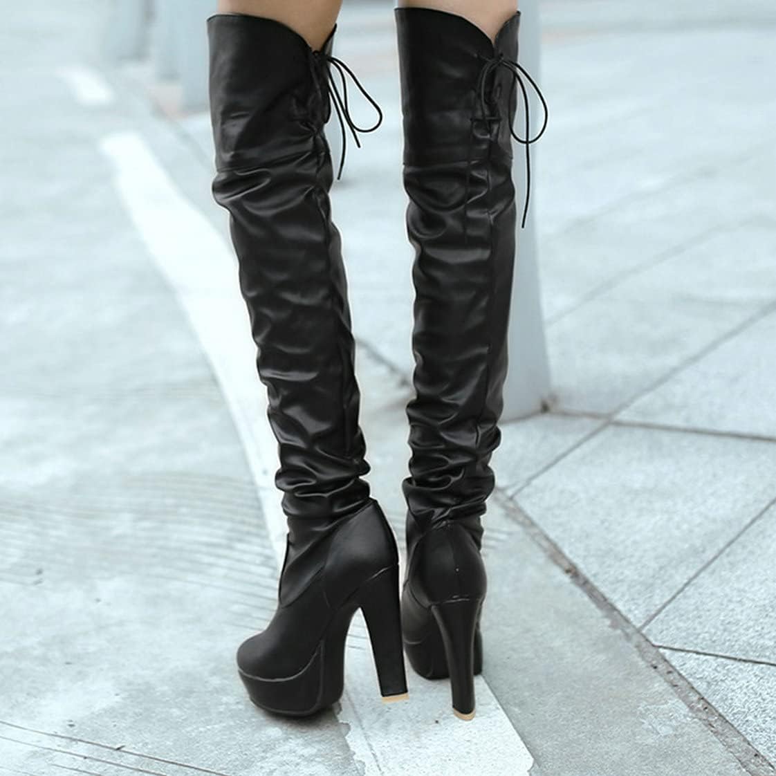 BEAUPAS Women's Chunky Platform Lace Up Over The Knee Boots High Heel Thigh High Block Heel Slouchy Boots Round Toe Gothic Shoes