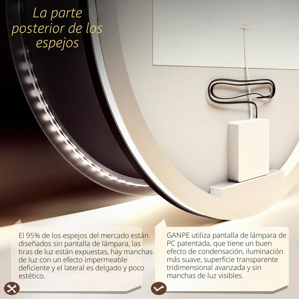 GANPE Espejo con Sensor LED, Redondo de inducción Corporal, iluminación Regulable, antivaho, IP44, Impermeable, montado en la Pared (Marco Redondo, 80 cm)