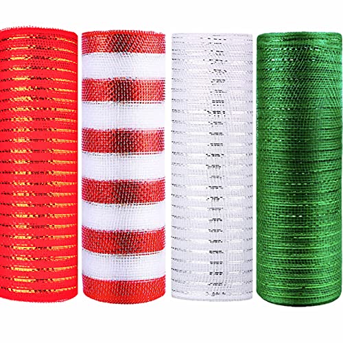 4 Rollen 10 Zoll x 10 Yards Deco Poly Mesh Ribbon - Metallic Folie Deco Poly Mesh Set für Kunsthandwerk,Kränze,Beute,Schleifen und Girlanden (Rote/weiß/grüne/weiße Streifen) Cover