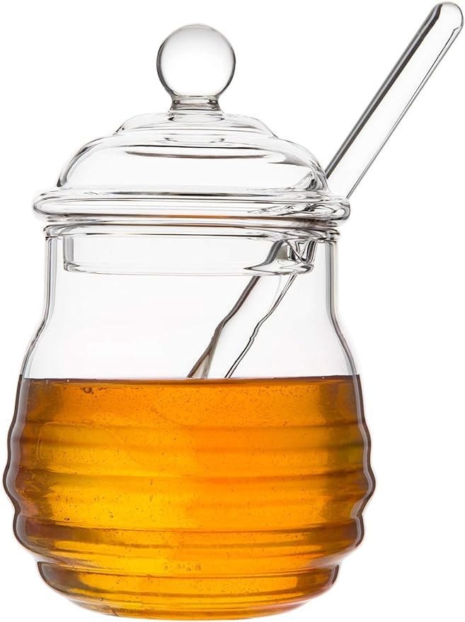 Mkono Honey Dispenser Glass Honey Jar with Dipper and Lid Honey Pot Container for Home Kitchen Storing Honey and Syrup,9 Ounce