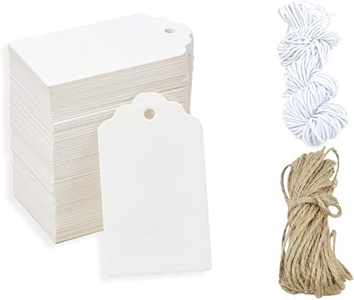 PQZKLDP 300 etiquetas de papel de estraza para regalo, etiquetas de etiquetado en blanco, etiquetas de marcado con cuerda de yute y cordón elástico