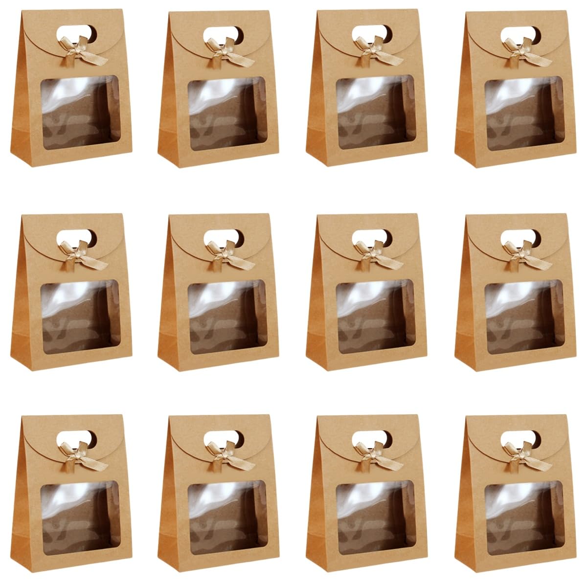 12 Packs Gift Bags with window, 16x12x6 cm Candy Donut Gift Bags with Bow for Kids or Adults in Birthday party, Weddings, Events or Shopping (brown)