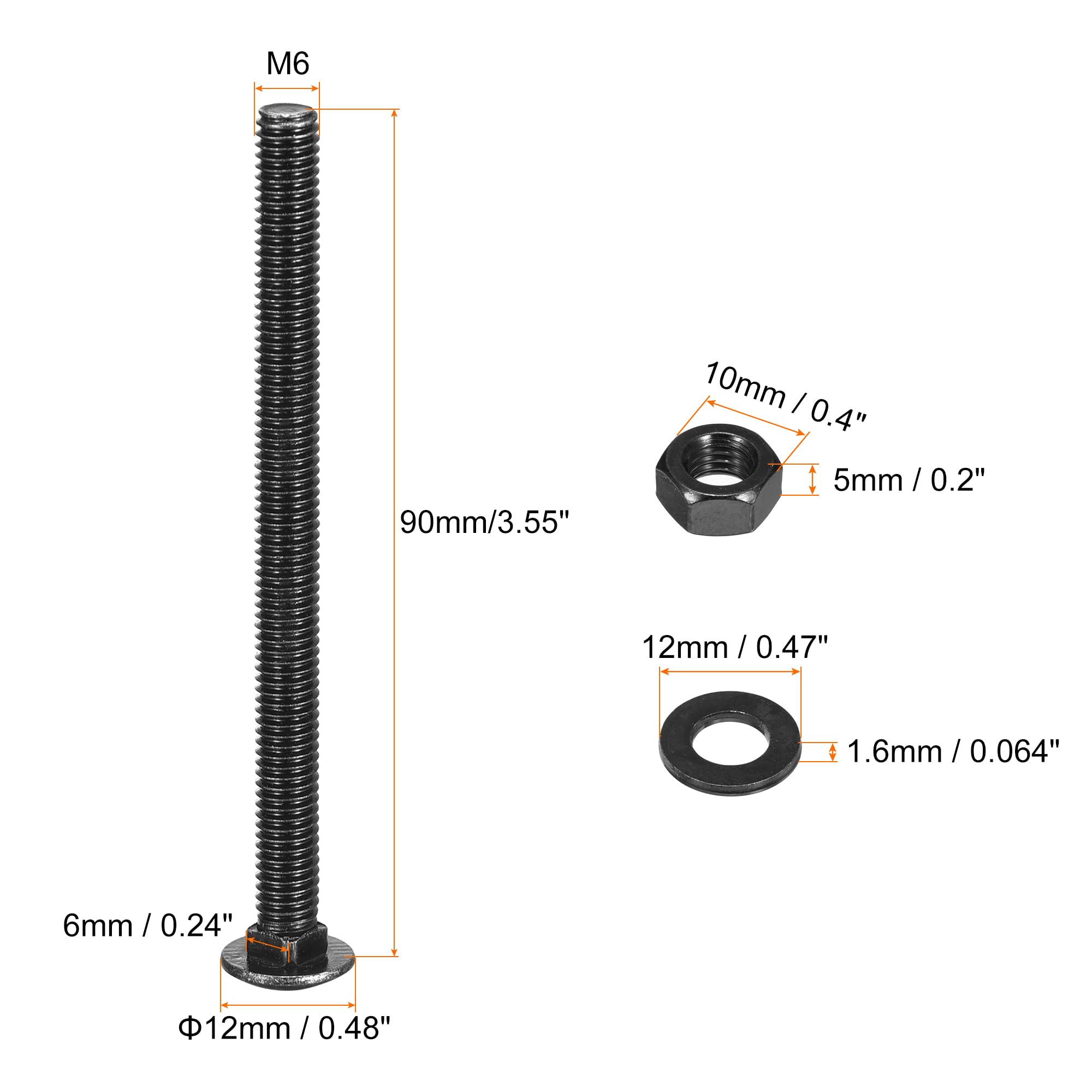QUARKZMAN M6x90mm Boulons À Tête Ronde Et Collet Carré Avec Écrous Et Rondelles, 25Set Acier Inoxydable 304 Boulons À Tête Ronde Et Collet Carré, Noir