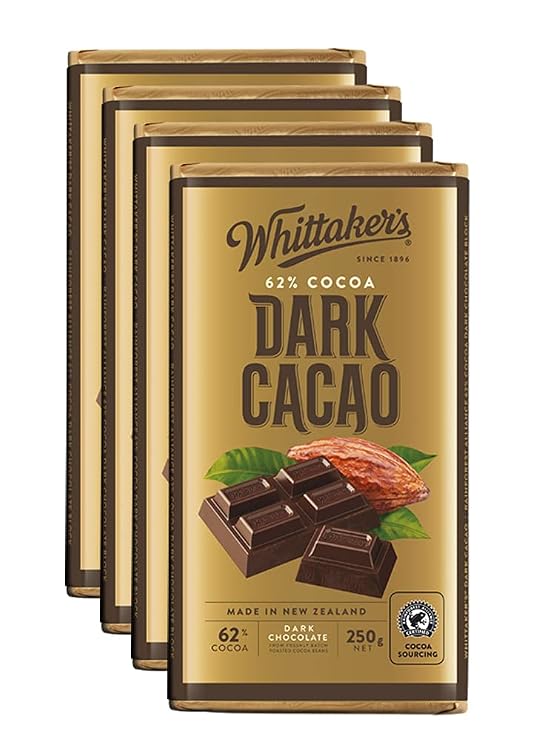 Whittaker's Dark Cacao Chocolate Block 250g (Pack of 4) (Made in New Zealand)