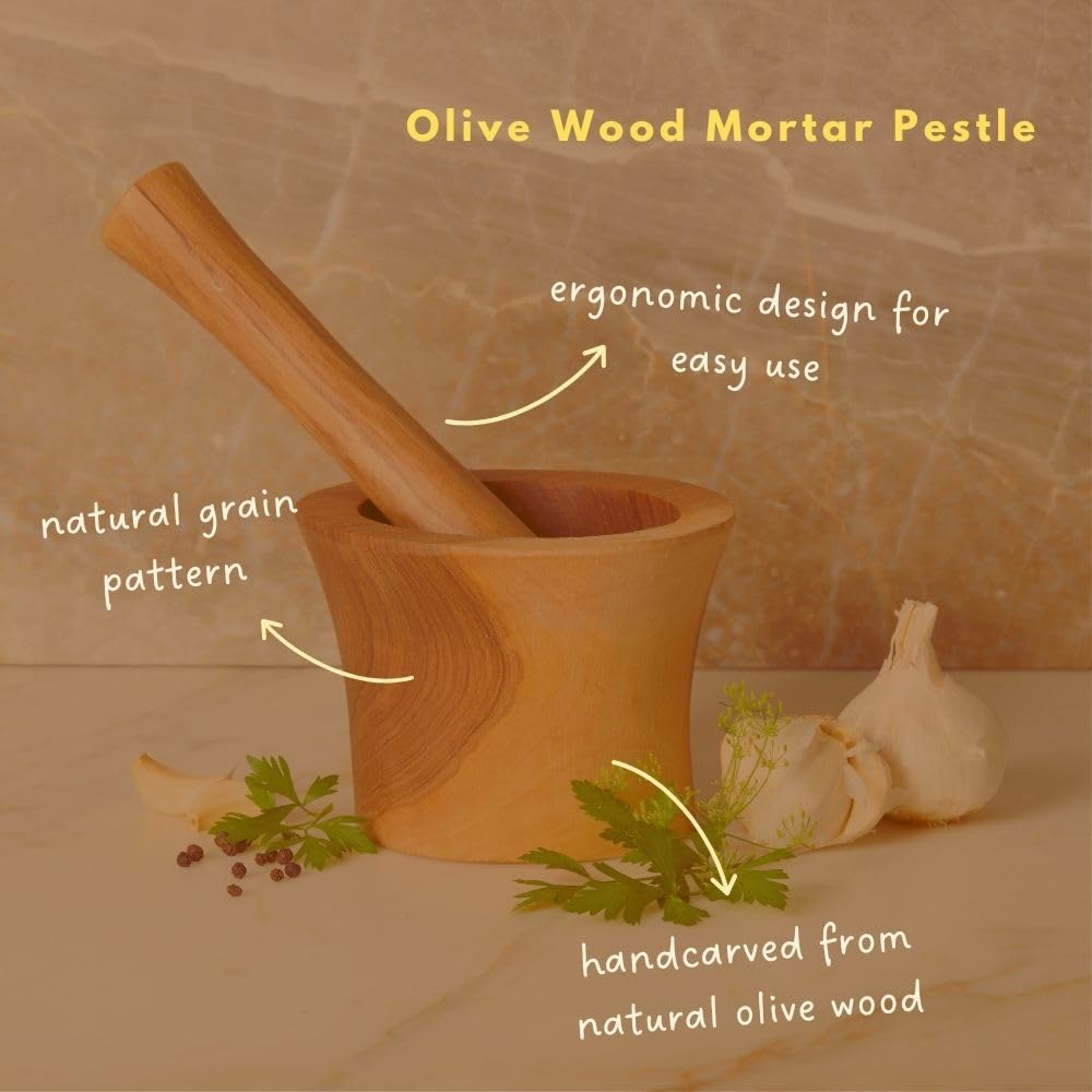 Olive Wood Mortar Pestle, Small, 5 Inch Wide