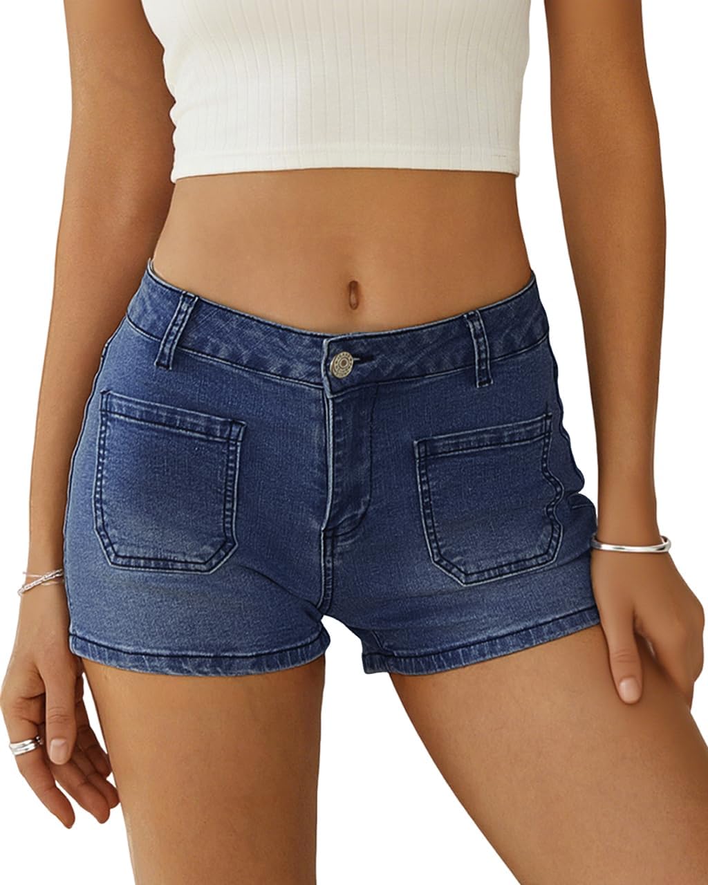 MIFOCAL Women's Summer Mid Waisted Casual Jean Shorts Trendy Flat Pockets Cutoff Stretchy Denim Shorts