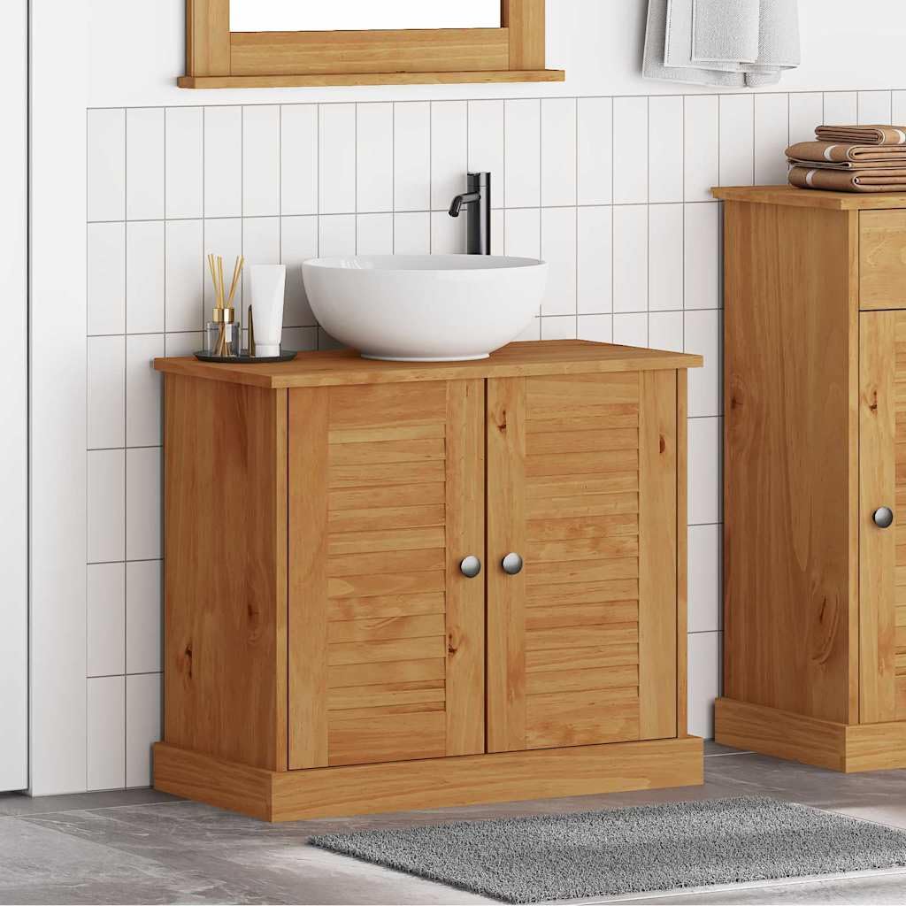vidaXL Meuble sous évier Vigo Marron et Marron Miel 68 x 34 x 59 cm, Meuble de Salle de Bain Vintage, Armoire en pin rectangulaire, Organisateur Pratique, Gain de Place sous l'évier