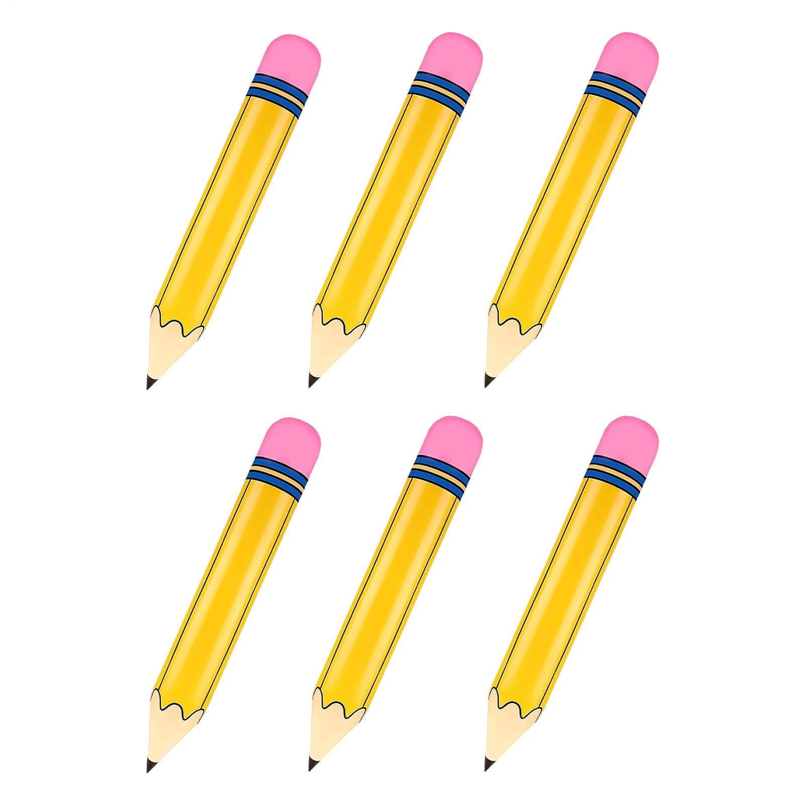 Inflatable Pencil - 6 Pieces Large Photo Prop 27in, Giant Yellow Stationery Visual Theme, Heavy Duty PVC + Airtight Inflation Valve, Lightweight Reusable Party Ornament - for School & Classrooms