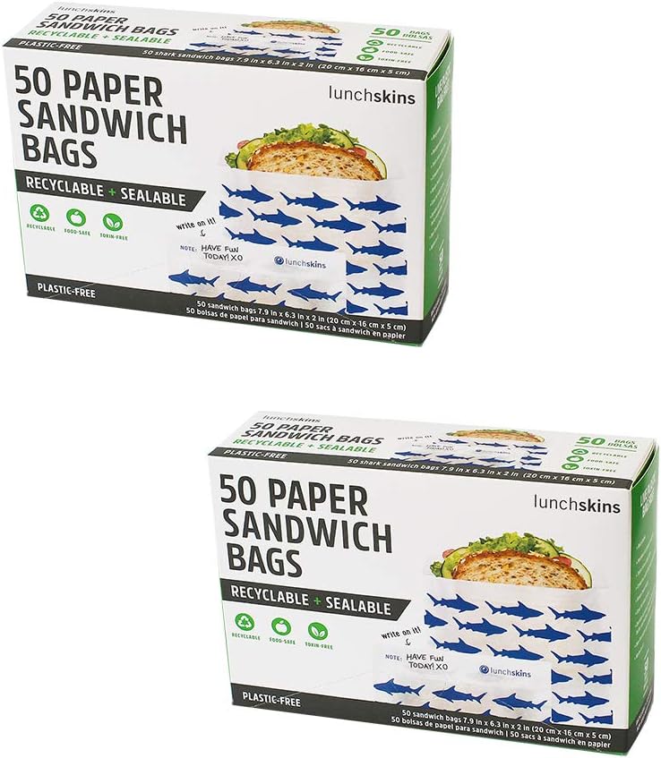 Lunchskins Recyclable & Sealable Paper Sandwich Bags – 100 Count (2-Pack) | Shark Design | Eco-Friendly Grease-Resistant Glassine Snack Bags with Self-Adhesive Closure for Freshness
