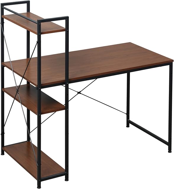 HOMCOM Computer Desk with Storage PC Table Study Workstation Home Office with 4-tier Bookshelf Metal Frame Wooden Top (Walnut & Black)