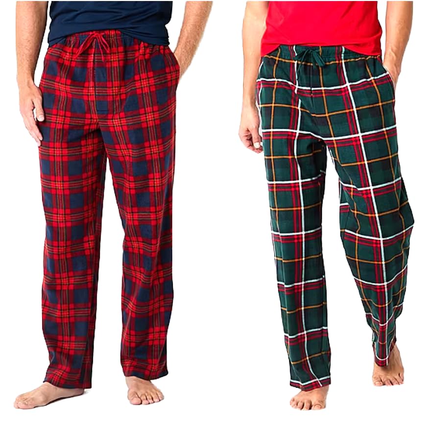 St. John's Bay Pacote com 1 ou 2 calças masculinas 100% poliéster leve microfleece cintura elástica, 2 bolsos laterais, cordões (2, azul marinho tartan/xadrez verde, 2GG)