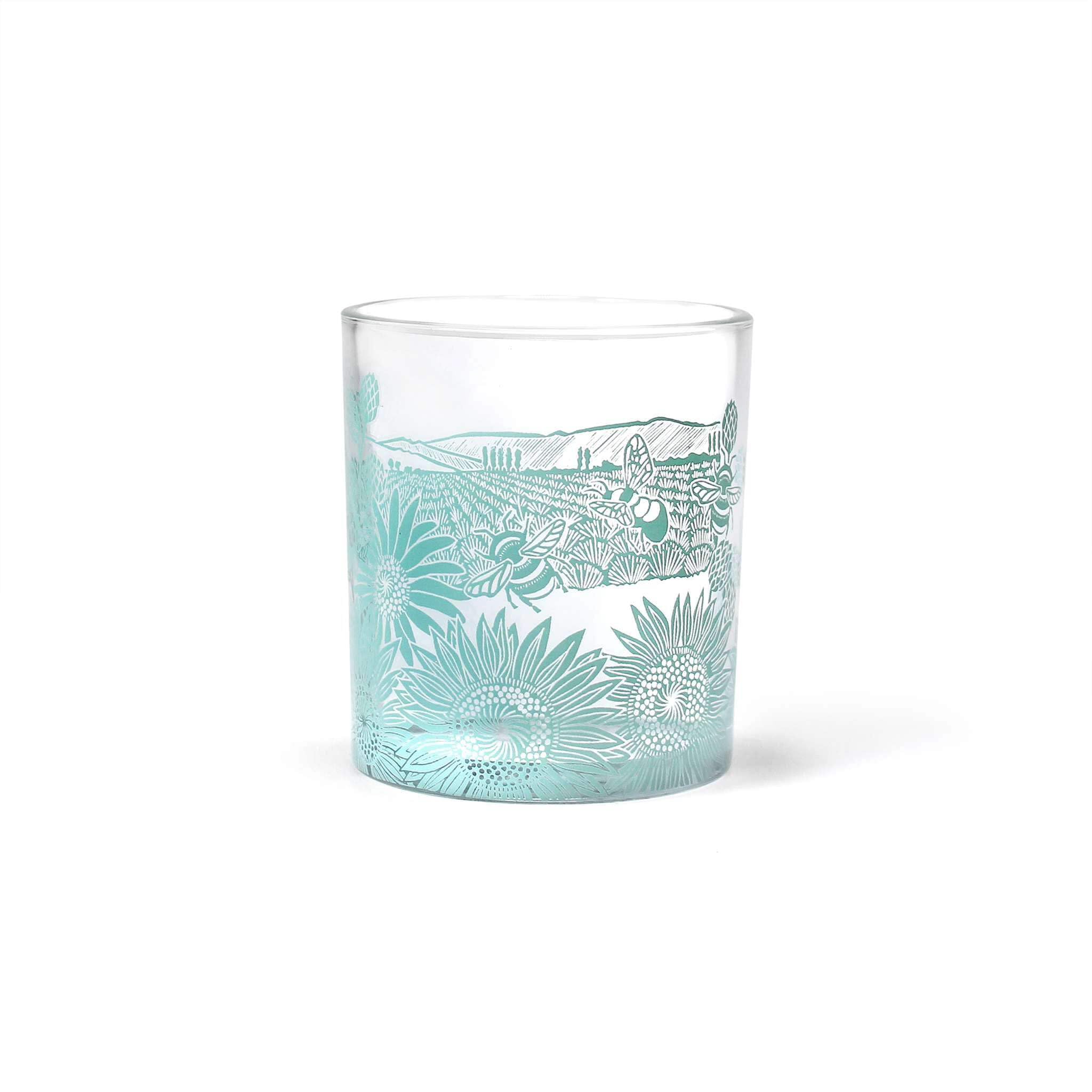 Half Moon Bay | Kate Heiss | Lavender Sunflowers & Bees Glass Tumbler | 300ml Cocktail Mocktail Drinking Cup | Official Designer Merchandise | Elegant Botanical Birthday Gift for Her