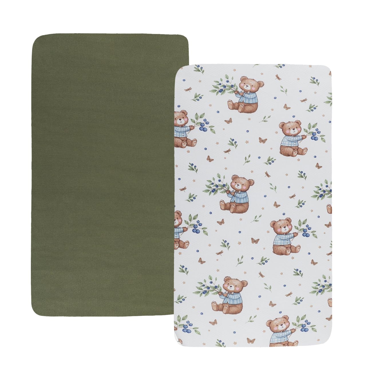 Stretchy Fitted Crib Sheets Set 2 Pack Portable Crib Mattress Topper for Baby Girl Boy,Ultra Soft Jersey Material, Light Green &amp; Bear Leaf