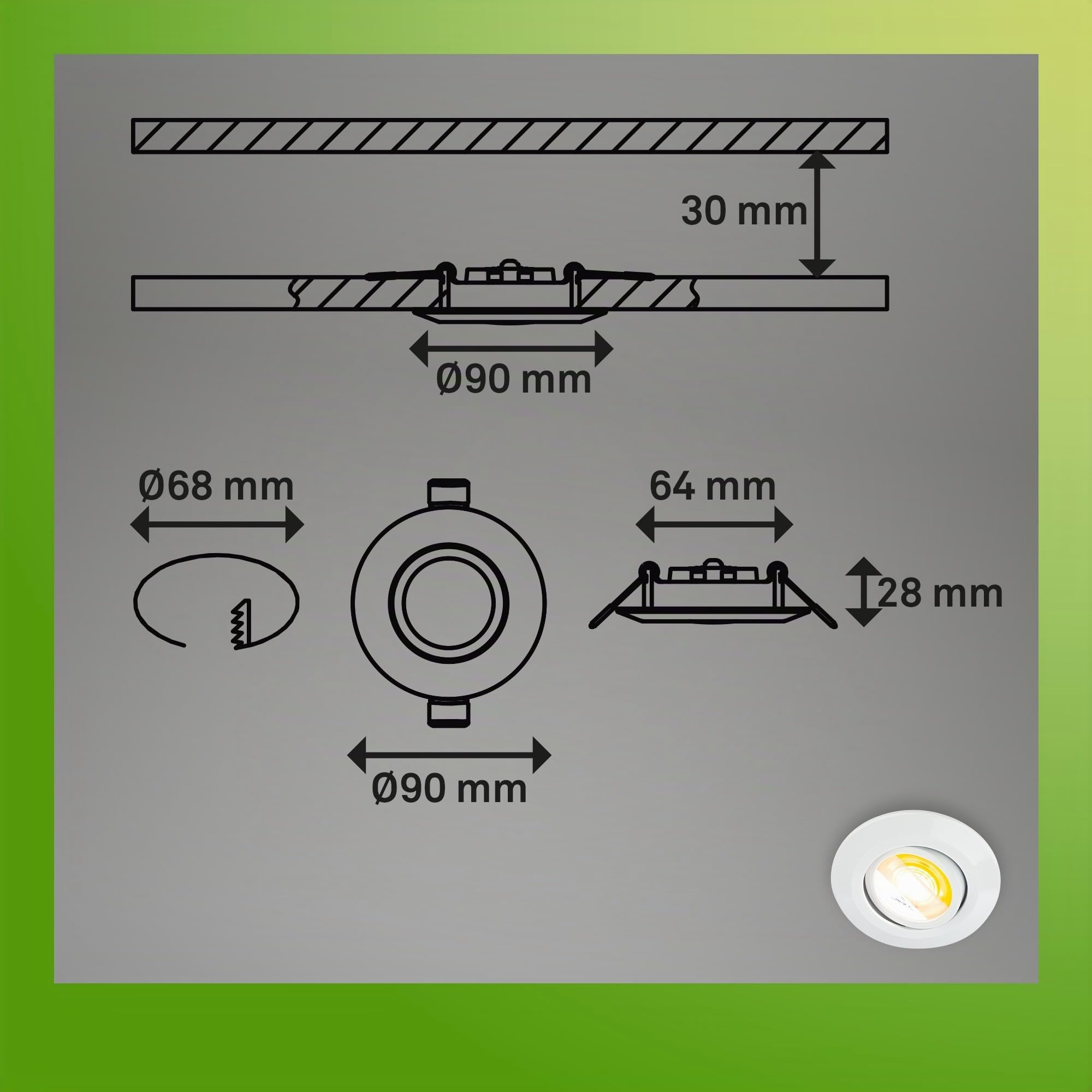 BRILONER - 3er Set LED Einbaustrahler 230V Gehäuse 50% recycelt, Dimmbar, Schwenkbar, Ra90, Farbtemperaturwechsel, LED Spot, flach, Deckenspots, Einbauleuchten, 68mm, 90x24mm (DxH), Weiß