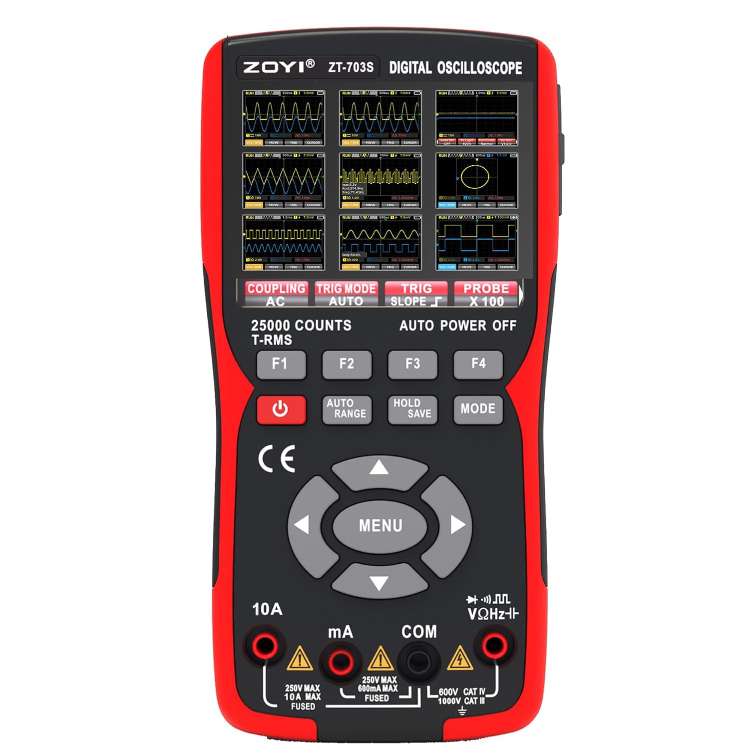 ZT-703S 3-in-1 Digital Oscilloscope + True RMS Multimeter + Signal Generator, 50 MHz Dual-Channel 280 MSa/s, 3.5″ IPS Display, Portable Electronics & Automotive Tester