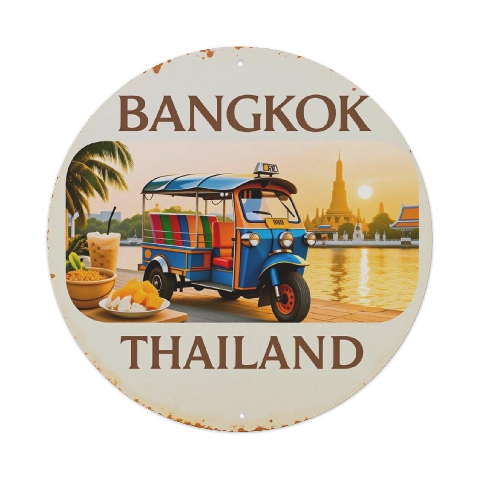 Bangkok Thailand Tuk Tuk Vintage Travel Round Wall Sign Vintage Aluminium Metal Sign, Retro Wall Decor for Home, Bar, Garage & Farmhouse 20x20cm
