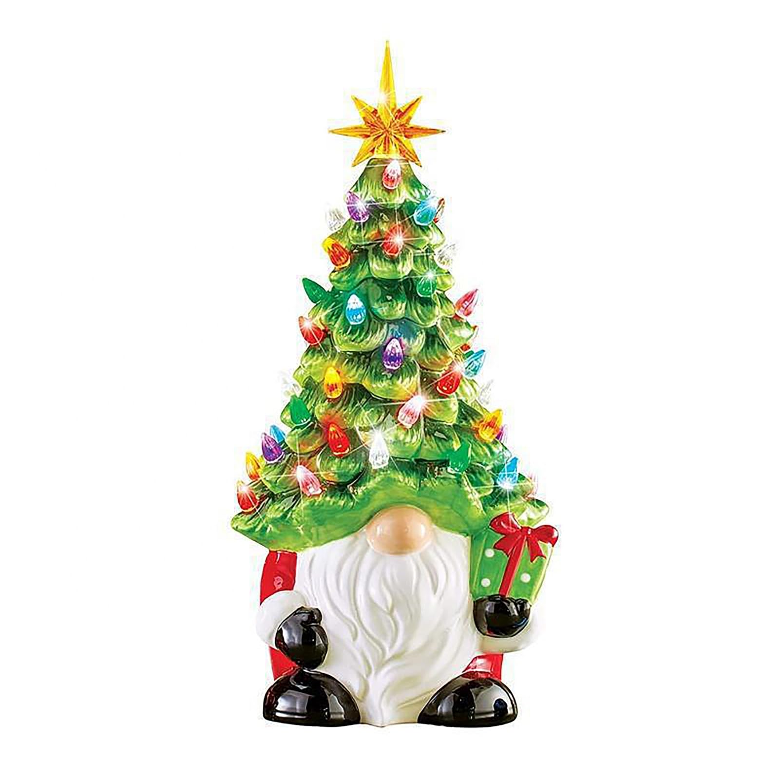 Gnome Christmas Tree, Ceramic Light Up Christmas Tree with Multicolored Lights, 8” Lighted Gnomes Christmas Decorations for Tabletop Home Room Table