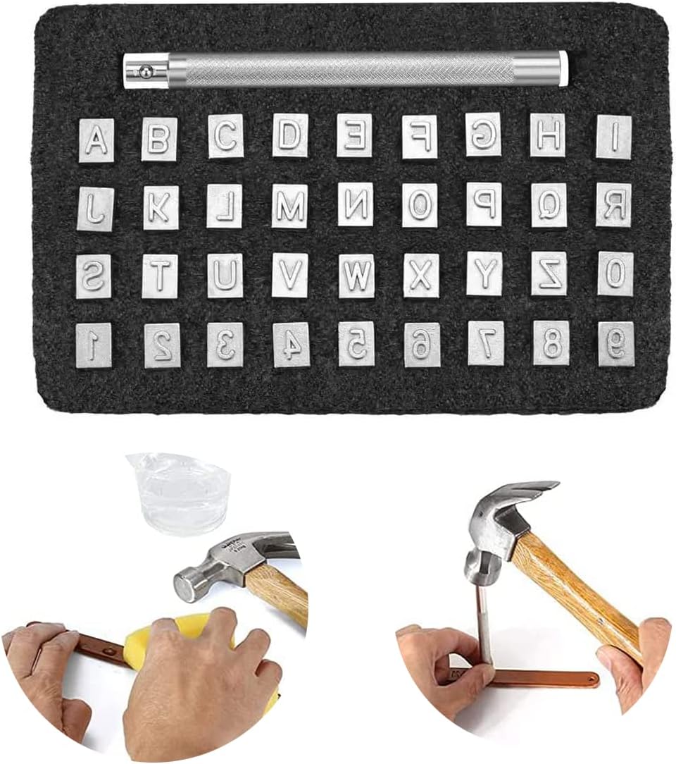 36pcs Leather Embossing Stamp, Letter Alphabet and Number Metal Stamp Punch Kit (6mm) with Stamping Handle for DIY Handmade Art Leather Art Craft (K154-1)