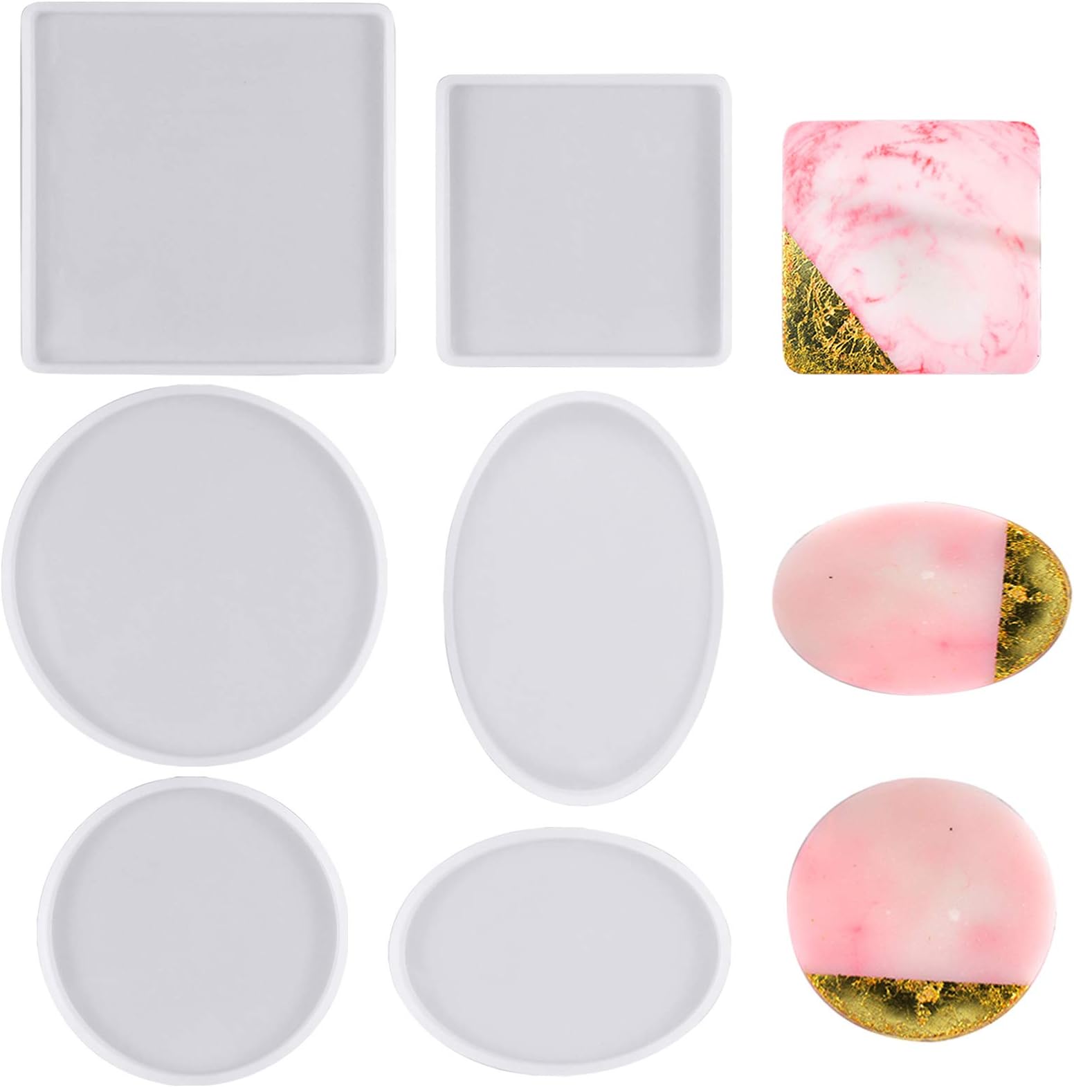 Fangehong 6 PACK Big Resin Moulds, Casting Silicone Mold for Epoxy Resin, 3D Coaster Mould Tools Square Round Oval Shaped for DIY Art Craft Making Decoration (Big)