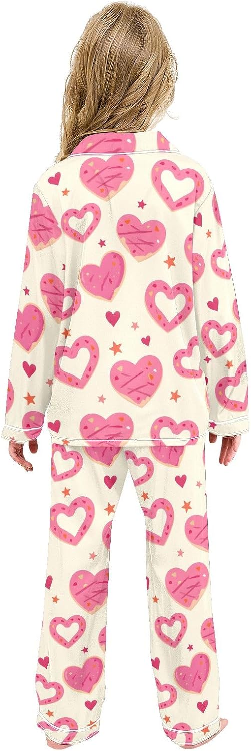Kids Casual Satin Wear Set Pink Heart Donut Pattern Unisex Relaxed Fit Clothing